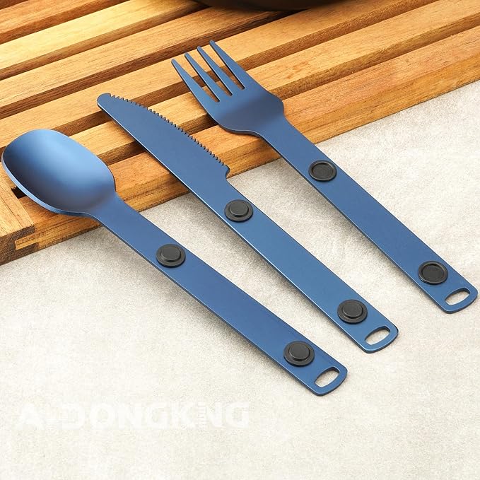 Magnetic Camping Utensil Set, Travel Cutlery Set, Knife, Fork & Spoon, Flatware Utensils for Camping, Cooking, and Outdoor Dining, 3-Pack, Blue
