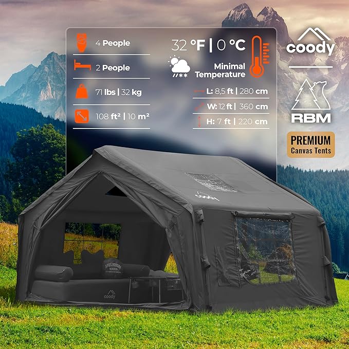 Coody | Rbm Outdoors Koala/Hub/Octopus Inflatable Tents for Camping with Stove Jack, 2/8/10 Person Luxury Canvas Blow Up Tent, 2 Room, Easy Setup Casa de Campaña, Large Inflatable House with Pump