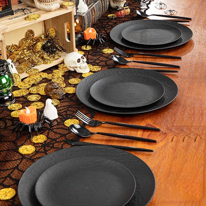 WONDERFUL 32pcs Black Plates Black Plastic Plates Halloween Plates Unbreakable and Reusable Plastic Plate Dishwasher safe Dishes Set Includes:16 Dinner 10" & 16 Dessert Plate 7.3" Suitable for Camping