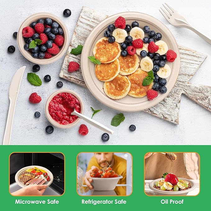 Gezond 250PCS Disposable Paper Plates and Bowls Set with Long Utensils, Compostable Plates Eco-Friendly Dinnerware Set Includes Biodegradable Plate, Bowls, Forks, Knives Spoons for Party Camping