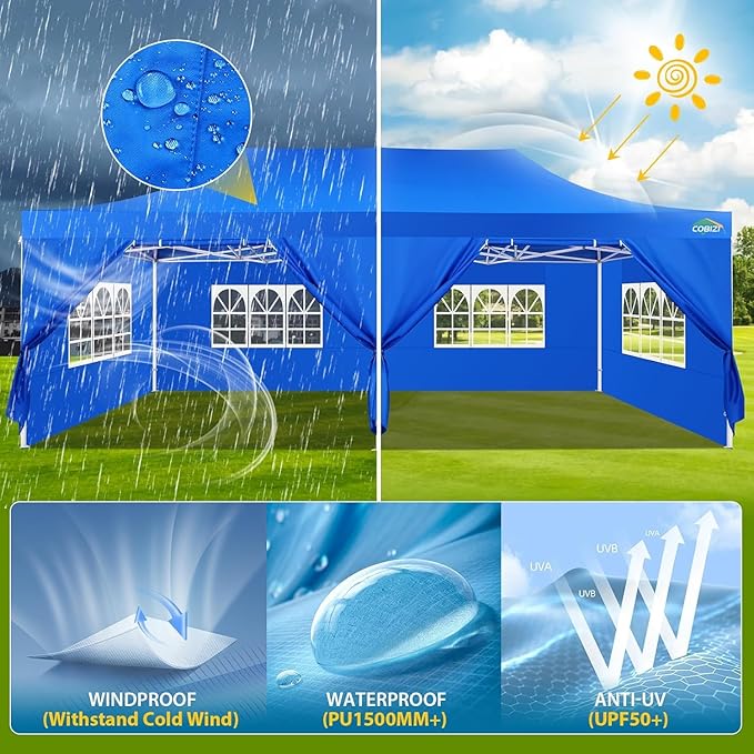 COBIZI 13x26 Pop Up Canopy with Sidewalls Heavy Duty Canopy Party Tent for Parties, Outdoor Wedding Large Event Tent Wind Waterproof UPF 50+ Ez Up in Garden Lawn with Roller Bag, Blue