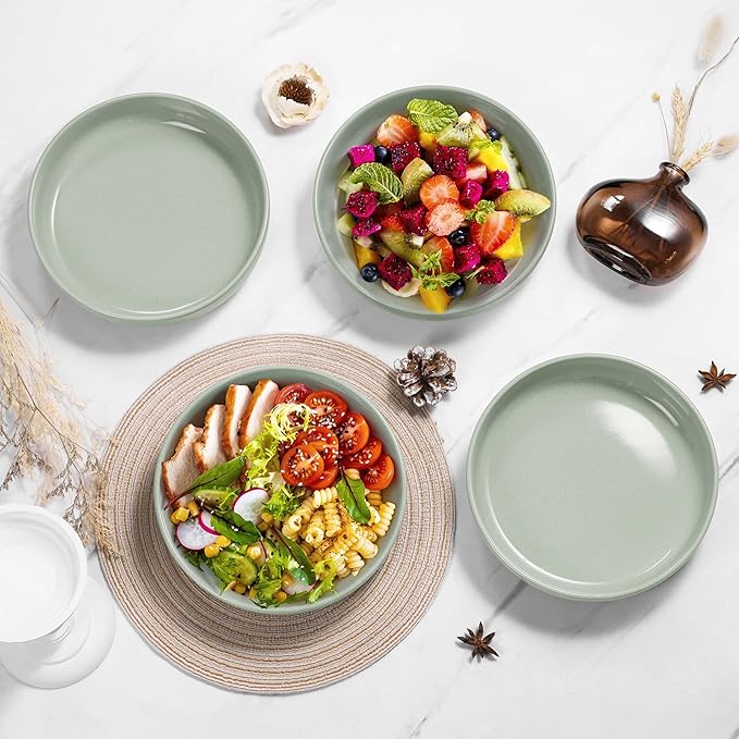 HaWare Pasta Bowls Set of 4, 33oz Large Salad Bowls for Home Kitchen, Ceramic Serving Plates for Soup, Cereal, Wide and Shallow Dinner Bowl, Microwave & Dishwasher Safe, Asparagus Green