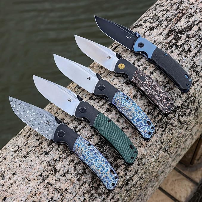 KANSEPT Hinterland Pocket Folding Knives for Men EDC Camping Folding Knife 3.58'' Blackwash CPM S35VN Blade Pocket Folding Knife with Blue Anodized Titanium Twill Carbon Fiber Inlay Handle K1057A1