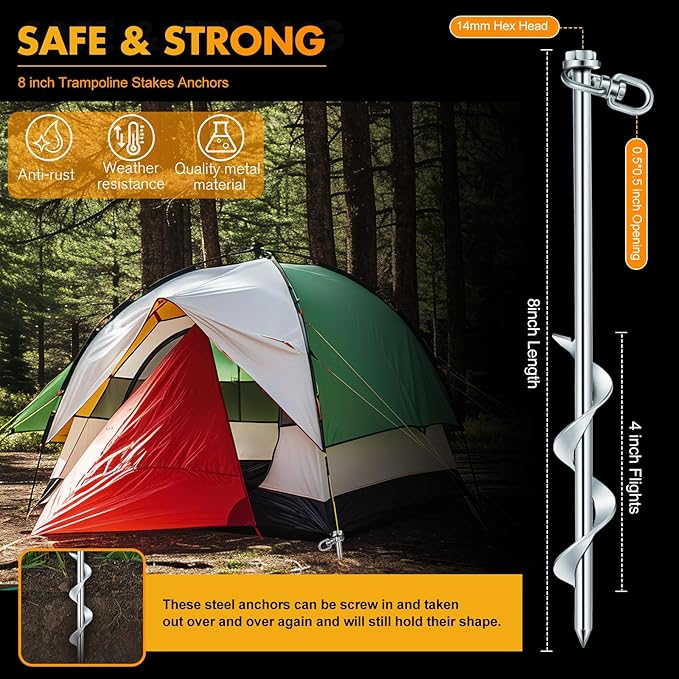 Hiboom Ground Anchor Screw Heavy Duty Earth Anchors Tent Stakes for High Wind with T Handle Hex Wrench Trampoline Hook Ground Stakes for Camping Canopies Car Ports Sheds