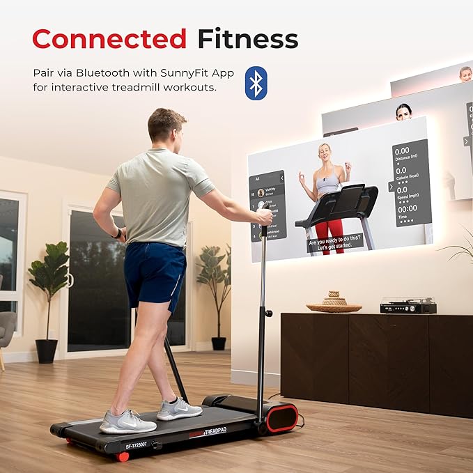 Sunny Health & Fitness Slim Under Desk Walking Compact Treadpad Treadmill with Remote Control, Digital Display, Shock Absorption, Optional Trekking Poles, Free SunnyFit App Bluetooth Connectivity