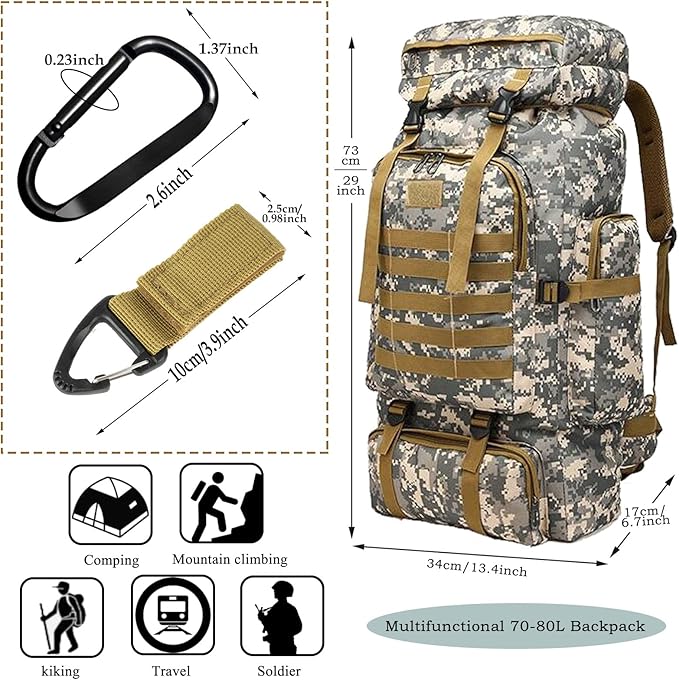 70L Hiking Backpack for Men, Waterproof Lightweight Camping Backpack, Military Rucksack with Molle, 3-Day Assault Pack for Travel, Climbing, Outdoor Sports (Urban Camouflage)