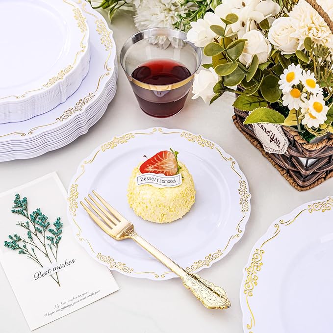 U-QE 175 Pieces Gold Plastic Plates and Napkins Party Supplies - White and Gold Dinnerware Set 25 Guest - 25 Dinner Plate, 25 Dessert Plates, 25 Per Rolled Napkins with Gold Cutlery, 25 Cups 9 OZ