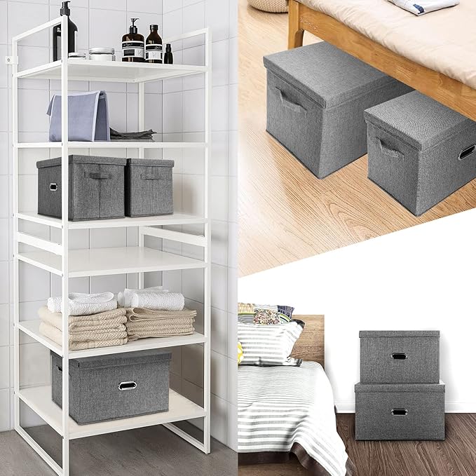 Large Linen Fabric Foldable Storage Bins with Removable Lid and Handles, Washable Storage Box Organizer Containers Baskets Cube with Cover for Bedroom,Closet,Office (Khaki, Extra Large)
