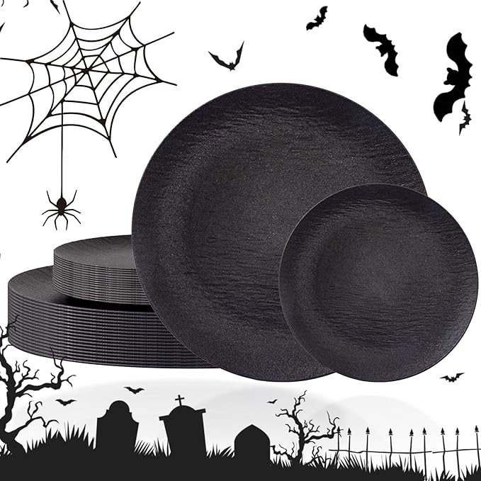 WONDERFUL 32pcs Black Plates Black Plastic Plates Halloween Plates Unbreakable and Reusable Plastic Plate Dishwasher safe Dishes Set Includes:16 Dinner 10" & 16 Dessert Plate 7.3" Suitable for Camping