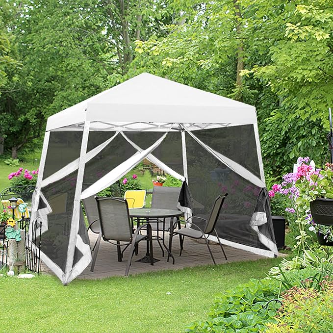 EAGLE PEAK 10x10 Slant Leg Easy Setup Pop Up Canopy Tent with Mosquito Netting 64 sqft of Shade, White