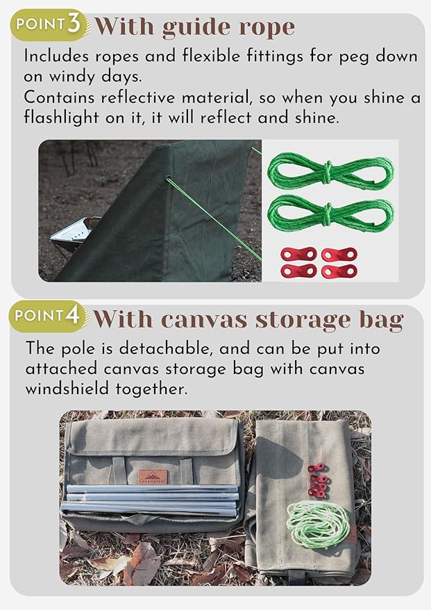 CAMPINGMOON Windshield Camp Curtain Canvas Bonfire Reflector with Stainless Steel Pole Storage Case Khaki Color B-660