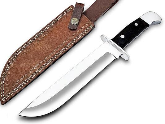 D2 13 Inch Full Tang Fixed Blade Bowie Knife with Leather Sheath - Suitable for Outdoor, Bushcraft, Survival, and Camping Knife with Black Micarta Handle