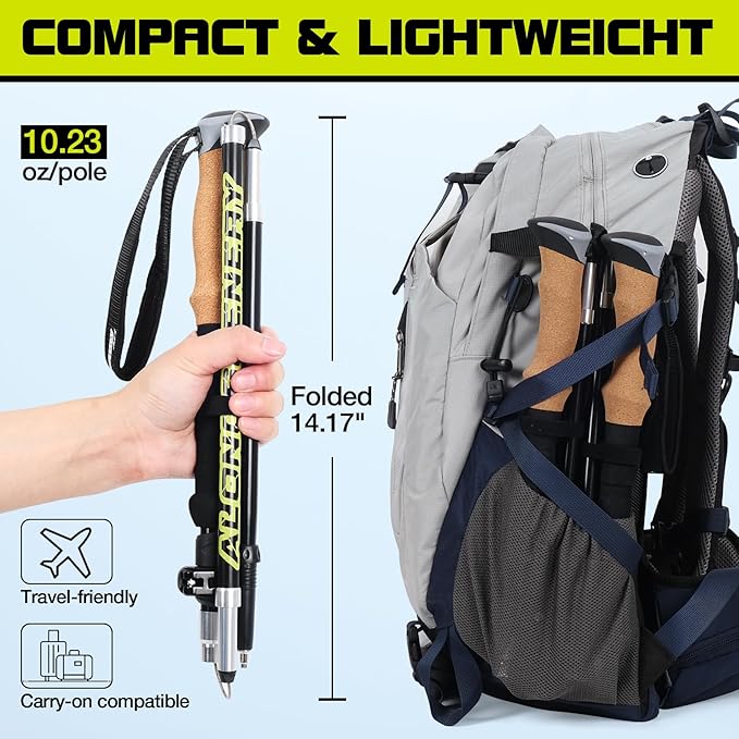 Collapsible Trekking Poles for Hiking-Lightweight Adjustable Walking Sticks with 7075 Aluminum,Anti-Shock,Quick Lock&Cork Grips for Men/Women, Camping, Backpacking, Mountaineering, 2 Pcs