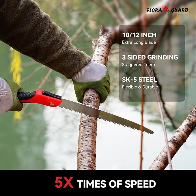 FLORA GUARD 10-Inch Folding Saw, Heavy Duty Hand Saw with Multi-Level Razer Teeth for Wood Cutting, Tree Trimming Camping Gardening Tools (Red-10")