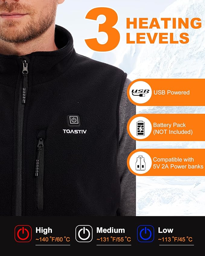 Men's Heated Vest, USB Electric Heated Polar Fleece Vest Lightweight Heating Vest (Battery Not Included)