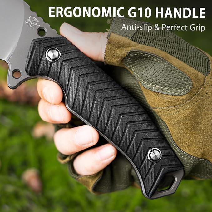 LOTHAR BAT Survival Knife, Full Tang D2 Steel Fixed Blade Knife with G10 Handle, Tactical Hunting Horizontal Carry Knives with Kydex Sheath, Bushcraft Camping Knives, Gifts For Men