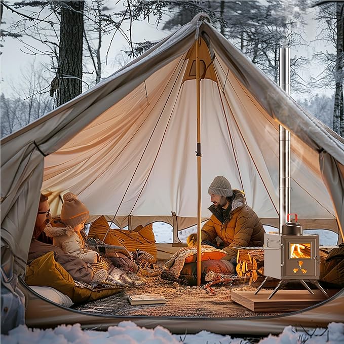 Hot Tent Stove, Camping Wood Stove for Tent, Portable Stainless Steel Wood Burning Stove with 7 Chimney Pipes for Wall Tent Camping, Cooking, Ice Fishing, Hunting, Boiling Water - Medium
