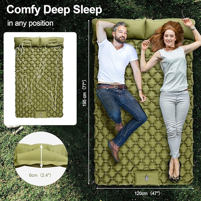 Night Cat Inflatable Double Sleeping Pad Mat Bed with Foot Pump and Double Pillow for Camping Backpacking Hiking Ultra-Light Compact Comfortable 77"x 47"