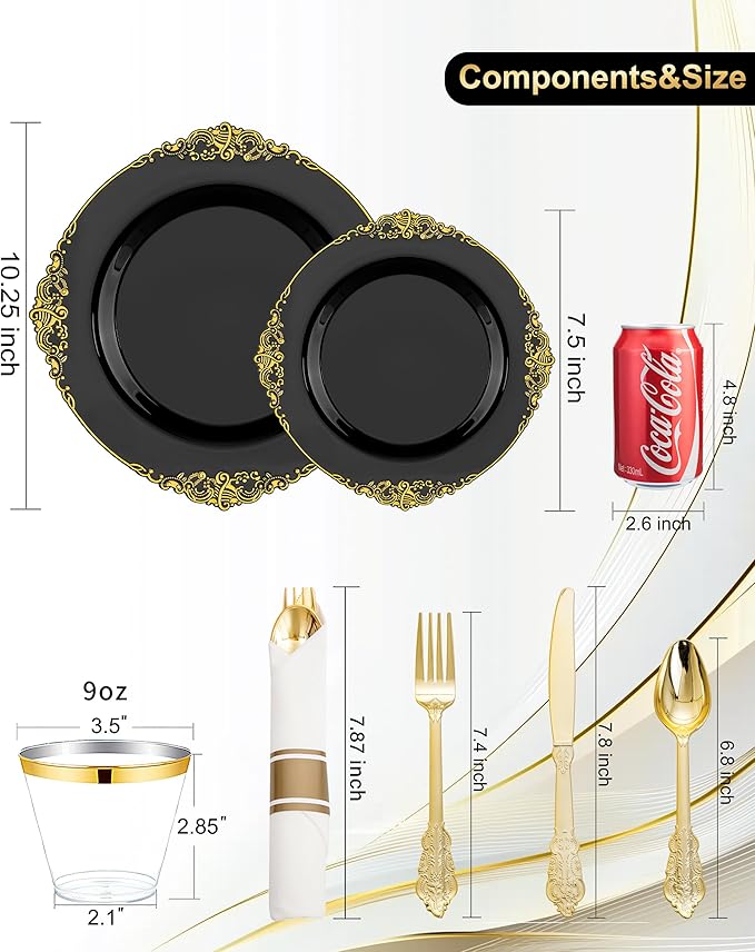 Nervure 175PCS Black Plastic Plates - Disposable Black Gold Party Plates & Pre Rolled Napkins with Cutlery for 25 Guests, 50Plates, 75Silverware, 25Cups, 25Napkin for Wedding & Party & Halloween