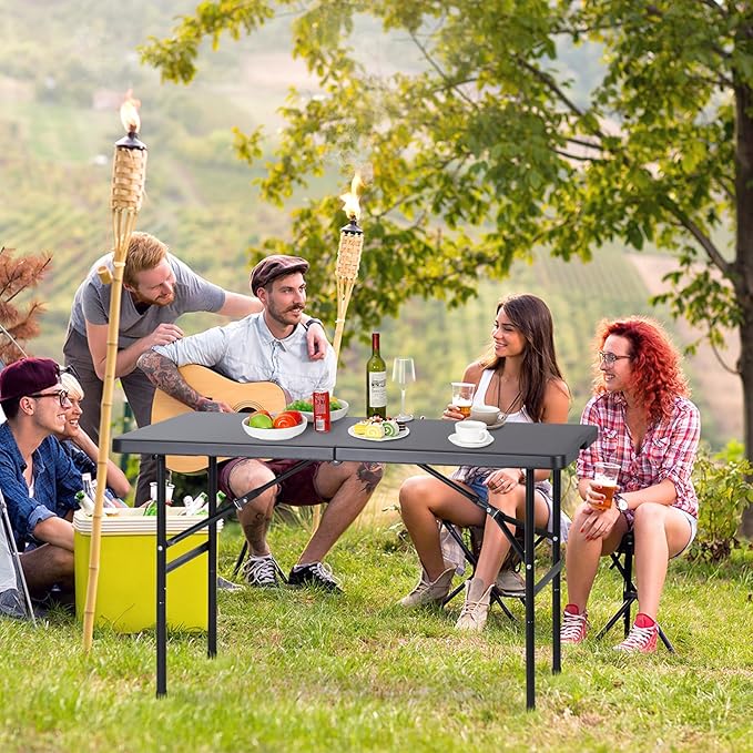 SUPER DEAL Portable 4 Foot Plastic Folding Table, Indoor Outdoor Heavy Duty Fold-in-Half Picnic Party Camping Barbecues Table with Carrying Handle, Black