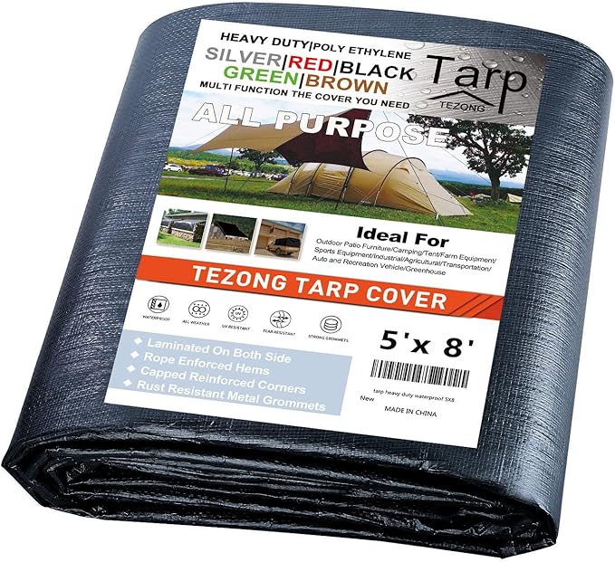 Tarps Heavy Duty Waterproof 5x8ft,TEZONG Black Plastic Tarp 16Mil Outdoor Tarpaulin Cover for Emergency Rain,Patio Furniture,Wood,Roof,Camping,Car,Pool
