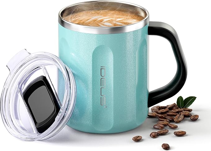 Ideus 16 oz Coffee Cup, Stainless Steel Coffee Travel Mug, Spill Proof Tea Mug with Handle and Lid, Lightweight and Durable, Great for Office Home and Outdoor Use, Sky Blue