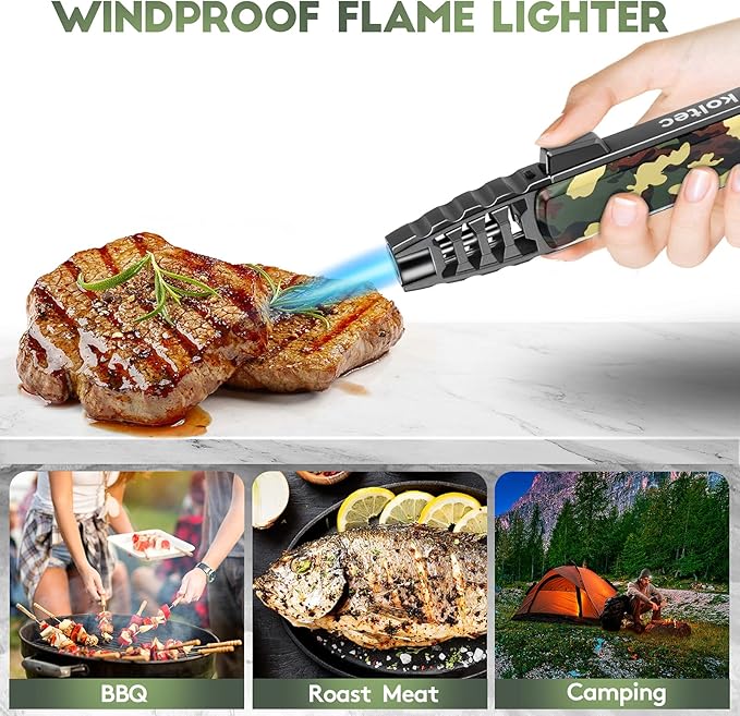 Butane Torch, Outdoor Windproof Cooking Torch Lighter, Refillable Adjustable Jet Flame Kitchen Butane Lighter with Safety and Fire Lock, Gift Box Package (Gas Not Included) (Camouflage)