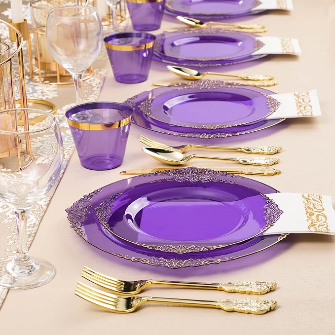 700PCS Clear Purple Plastic Plates for 100 Guests, Disposable Plate with Gold Trim include 100 Dinner plates, 100 Dessert Plates, 100 Gold Silverware, Cups and Napkins for Party, Graduation