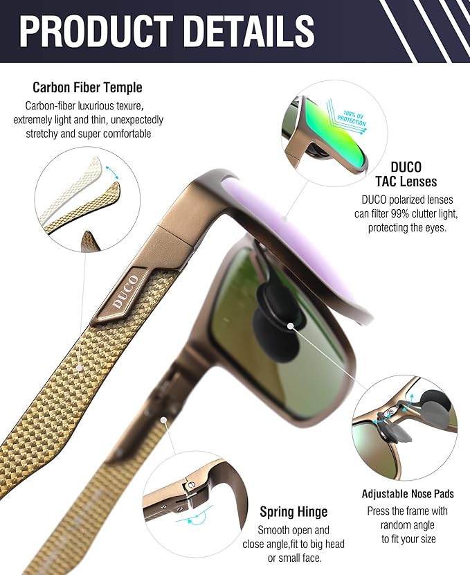 DUCO Mens Sunglasses Polarized Rectangle Sunglass for Men Lightweight Carbon Fiber UV400 Protection 8206