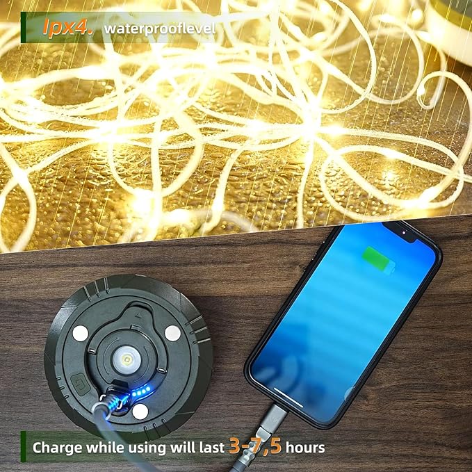 Allspark Camping String Lights, 4 in 1 Quick Storage 32.8FT Rechargeable Waterproof LED Tent Lights with 8 Lighting Modes,Magnetic Hanging Lamp for Hiking Patio Awning Garden Halloween Xmas Festival