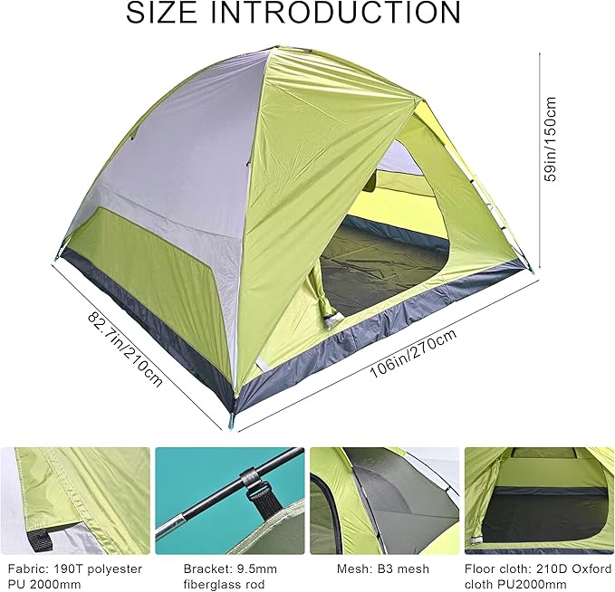 4-6 Person Dome Camping Tent, Family Camping Tent, 83x106 inches, Waterproof Oxford Flooring, for Fishing, Outdoor Camping, Hiking, Study Tours, Summer Camps.
