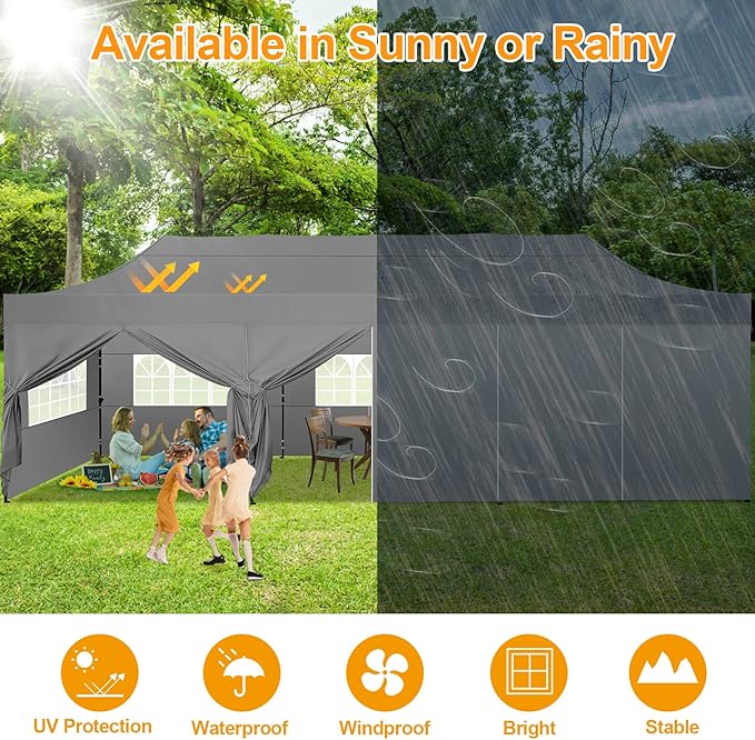 COBIZI 10x30 Pop Up Canopy with 8 Sidewall,Heavy Duty UPF 50+ All Season Wind Waterproof Commercial Outdoor Wedding Party Tents for Parties Canopy Gazebo with Roller Bag(10 x 30 ft Gray)