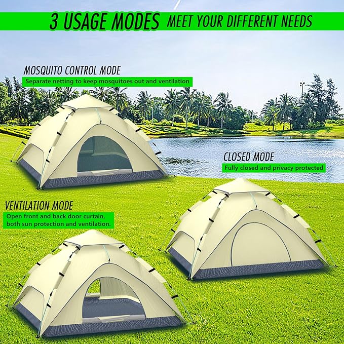 Instant Pop Up Tent 2-3 Person Reactive Outdoor Tent with Mesh Windows 3 Second Setup Waterproof & Portable for Camping & Hiking, Backpacking