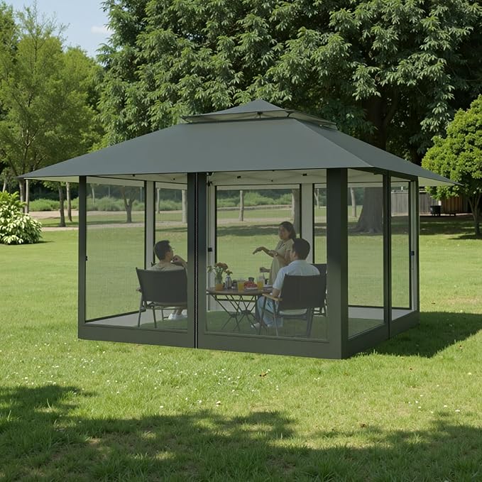 Favofamilie13x13 FT Pop Up Canopy, Instant Setup Gazebo with 4 Sidewall, Wheeled Carry Bag, 4 Sandbags & 4 Ropes, UV-Resistant Top, Heavy Duty Outdoor Shelter for Backyard Camping Events, Grey