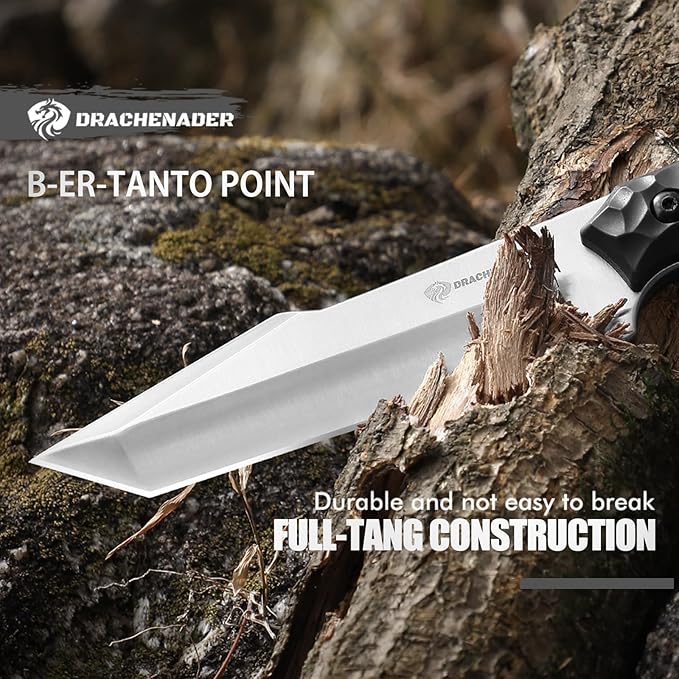 Tanto Fixed Blade Knife with Sheath, 5.04" Blade in 5Cr14moV Steel, Tactical Knife for Men, Survival Knife with G10 Handle,Full Tang Design (F- Black- Sliver)