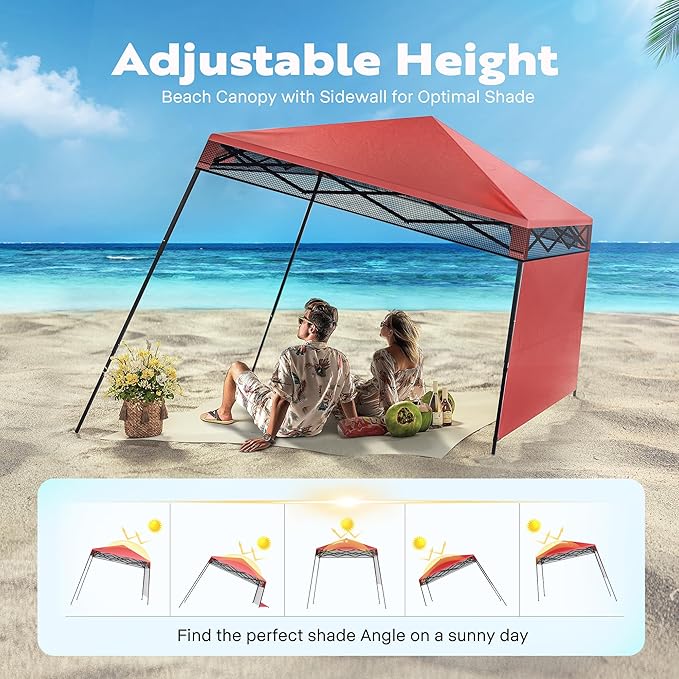 VIVOHOME 8x8ft Pop-Up Canopy Tent with Central Lock Design, Slant Legs, Backpack, and Side Wall, Portable Shelter for Camping, Party, Yard, and Beach Events, Red