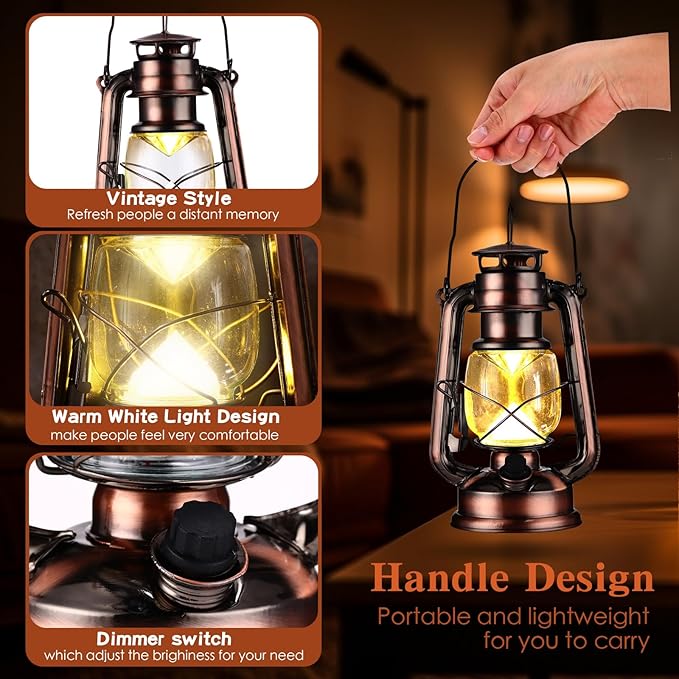 4 Pcs LED Vintage Lanterns Battery Operated Warm White Old Hurricane Lantern Antique Metal Hanging LED Lamp with Dimmer Switch for Indoor Table Outdoor Christmas Halloween(Bronze)