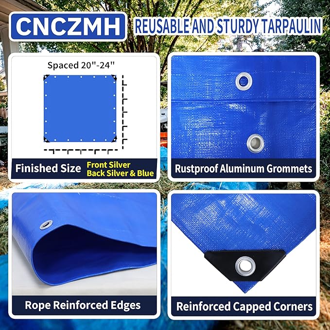 Heavy Duty Tarp Waterproof, 10 Mil Thick 6x15 Feet Finished Size Tarps Outdoor, Multipurpose Tarpaulin, Small Tarp for Emergency Rain Shelter Camping (Blue, 6x15ft)