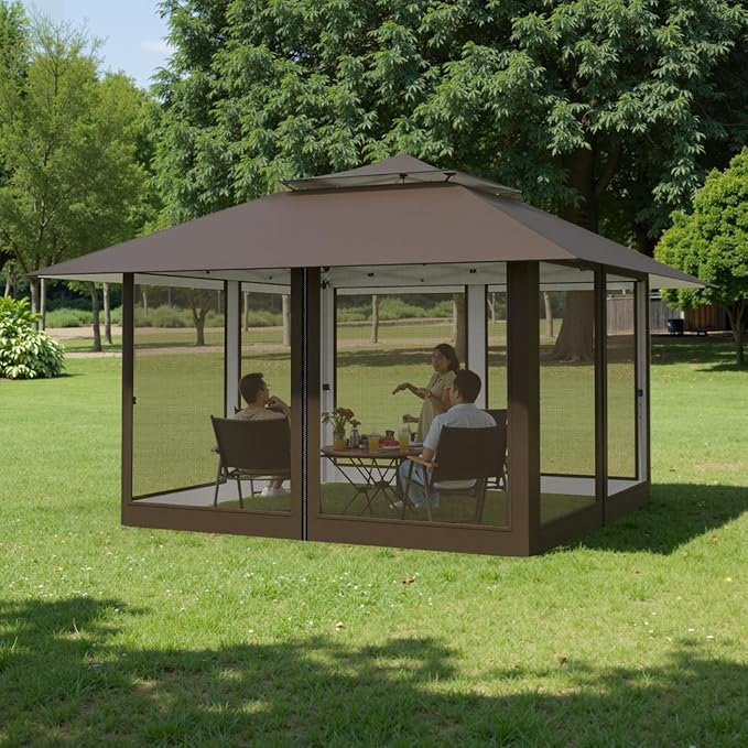 Favofamilie13x13 FT Pop Up Canopy, Instant Setup Gazebo with 4 Sidewall, Wheeled Carry Bag, 4 Sandbags & 4 Ropes, UV-Resistant Top, Heavy Duty Outdoor Shelter for Backyard Camping Events, Brown