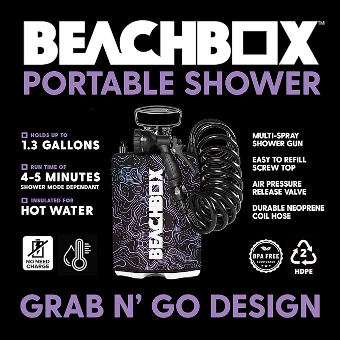 BeachBox Portable Shower Tank β Insulated Hot & Cold Water Tank for Camping, Beach, & Outdoor Adventures β 1.3 Gal Capacity β Multi-Spray Shower Gun β Easy Fill & Carry