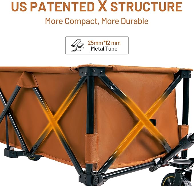 Timber Ridge 51.2'' Extended Collapsible Wagon Cart with Brakes and Cargo Net, 350LBS Heavy Duty Foldable Utility Wagon with Adjustable Handle, 400L Capacity Portable Cart for Camping Sports, Orange