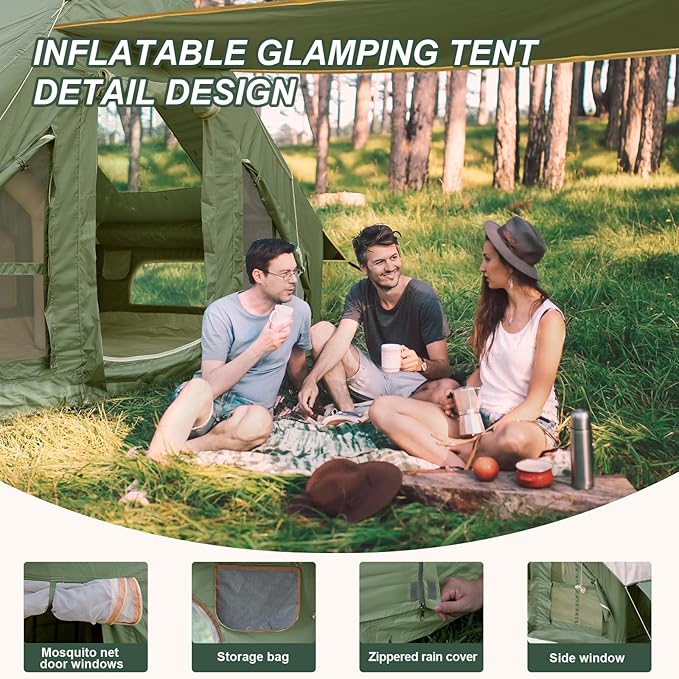 Inflatable Camping Tent with Pump and Stove Jack, 4-6 Person Inflatable Tent for Camping, Easy Setup Waterproof Inflatable House Tent