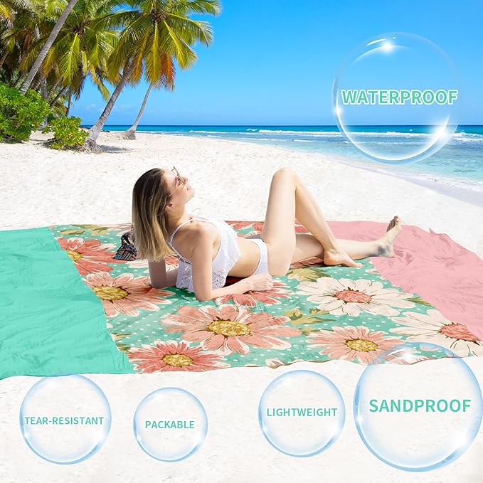 BYDOLL Beach Blanket Waterproof Sandproof 78''ร81'' Suits1-4 Adults Compact Lightweight Oversized Sand-Free Blanket Large Picnic Mat for Beach Travel Camping Hiking