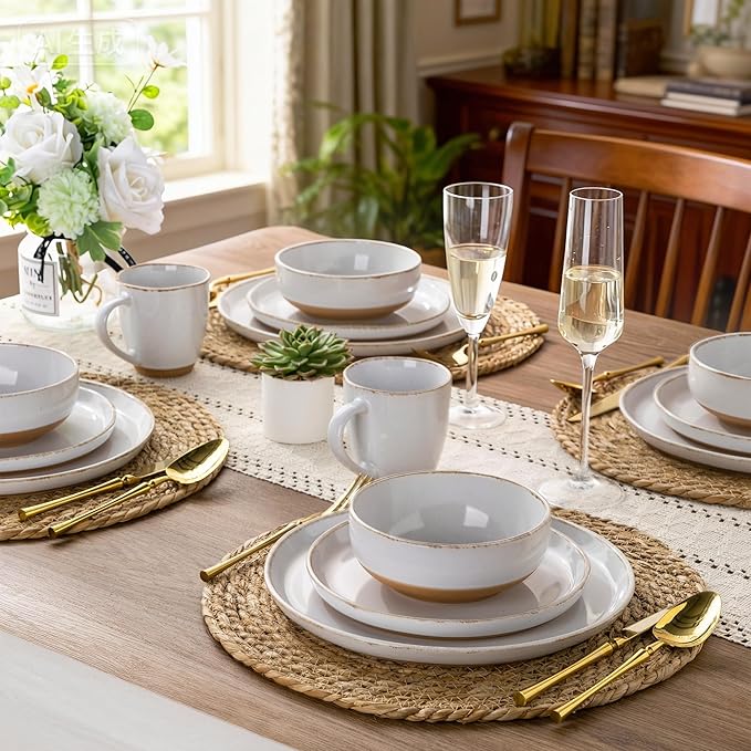 AmorArc Ceramic Dinnerware Sets for 4, 12 Pieces Handpainted Plates and Bowls Set with Rustic Terracotta Underside, Scratch Resistant Stoneware Dishes Set, Dishwasher & Microwave Safe, White