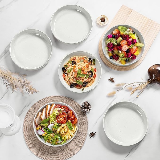 HaWare Pasta Bowls Set of 6, 33oz Large Salad Bowls for Home Kitchen, Ceramic Serving Plates for Soup, Cereal, Scratch-resistant Wide and Shallow Dinner Bowl, Microwave & Dishwasher Safe, Milky White