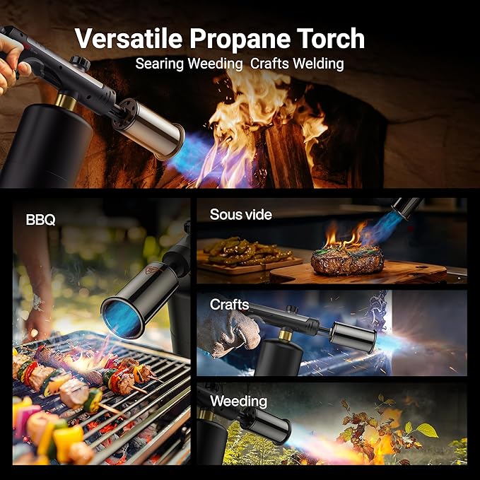 Propane Torch with One-Touch Max Fire, Cooking Blow Torch Gun with a Safety Lock, Charcoal Lighter, Flame Thrower, Kitchen Food Torch Head for Grill, Sous Vide, BBQ (Tank Not Included)