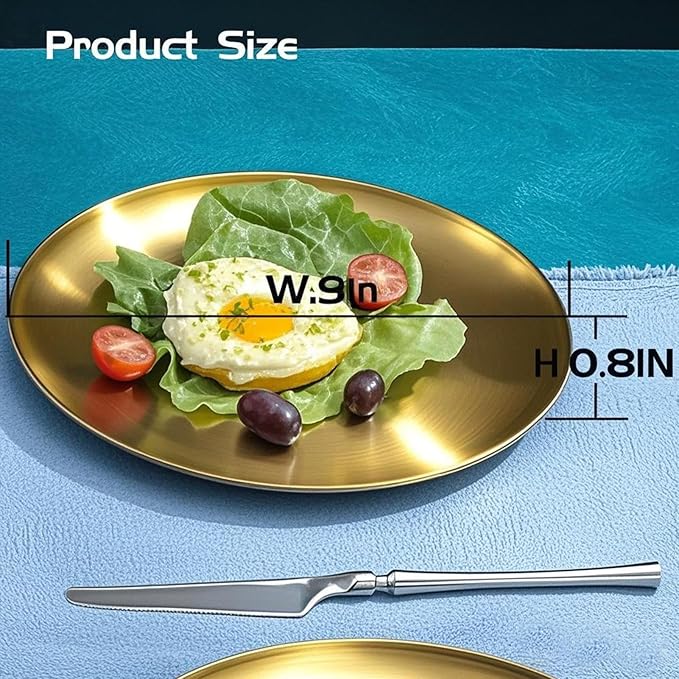 18/8 Stainless Steel Dinner Plate for Main Dishes, Grilled Meat, Dessert, Salad, and Fruit - 9 Inches (23 cm) Large Capacity(Gold-4pc)