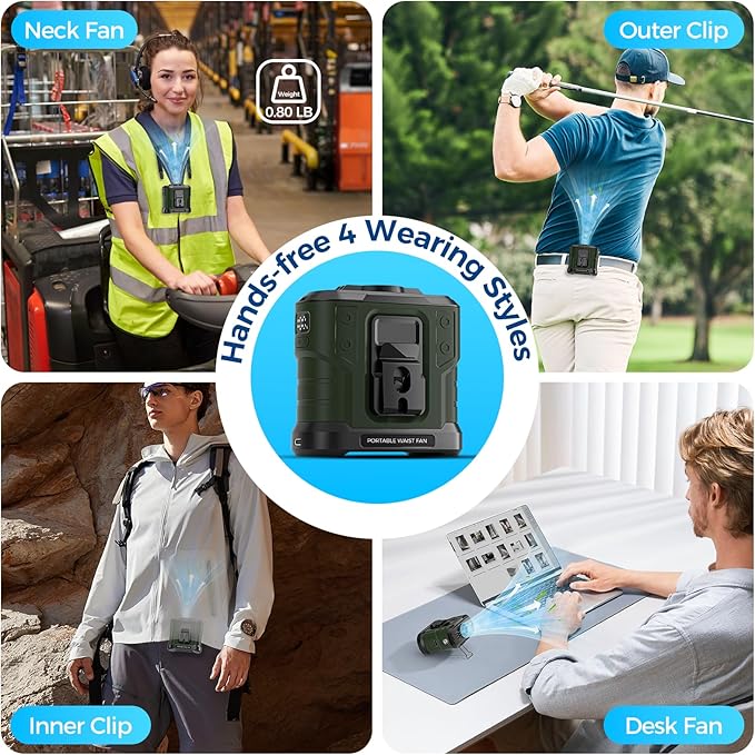 10000mAh Portable Waist Fan Rechargeable, 5 Speeds 16000RPM Brushless Motor Strong Airflow, Hand-Frees Wearable Cooling Personal Shirt Belt Fan for Outdoor Jobsite, Camping, Travel