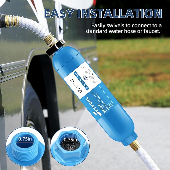 RV Inline Hose Water Filter, NSF Certified Camper Water Filter with Flexible Hose Protectors For RV Garden, Camping Essentials For Reduces Chlorine, Bad Taste, Odor In Drinking Water, 3 Pack SETFEEL