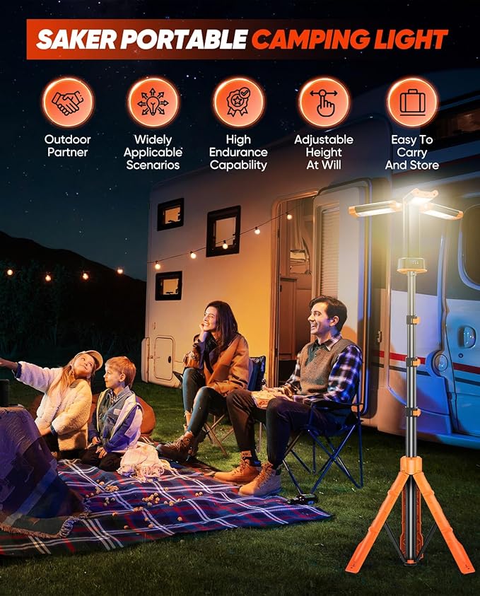 Saker Portable Camping Light with Stand 73inch 20000mAh Rechargeable LED Work Lights 800/3200 Lumen 4000/6500K Emergency Lights for Camping, Garage, Outdoor Work, Power Outages, Fishing LD18